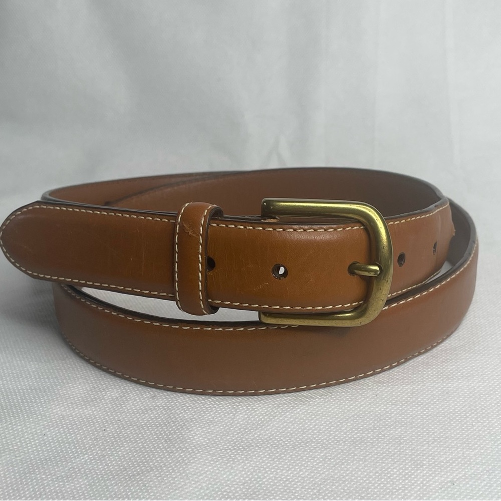 L.L. Bean Genuine Full Grain Leather Dress Belt Tan Brown Brass Mens Size 44 USA